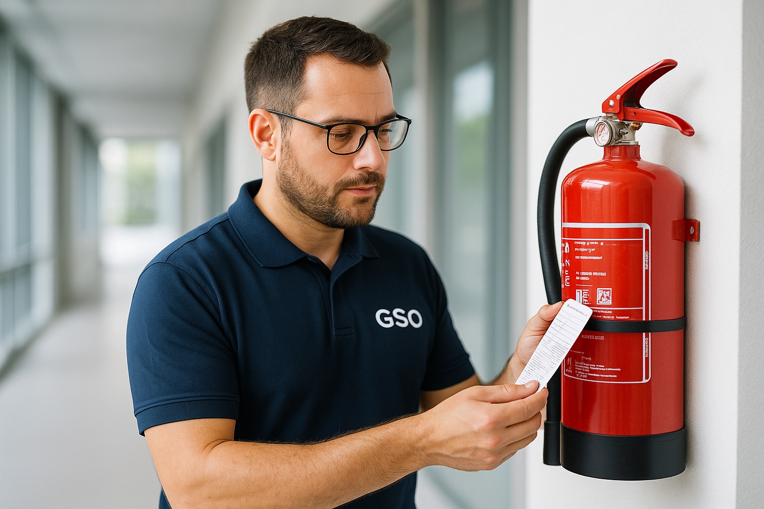 Sicherheitsbeauftragter prüft einen Feuerlöscher