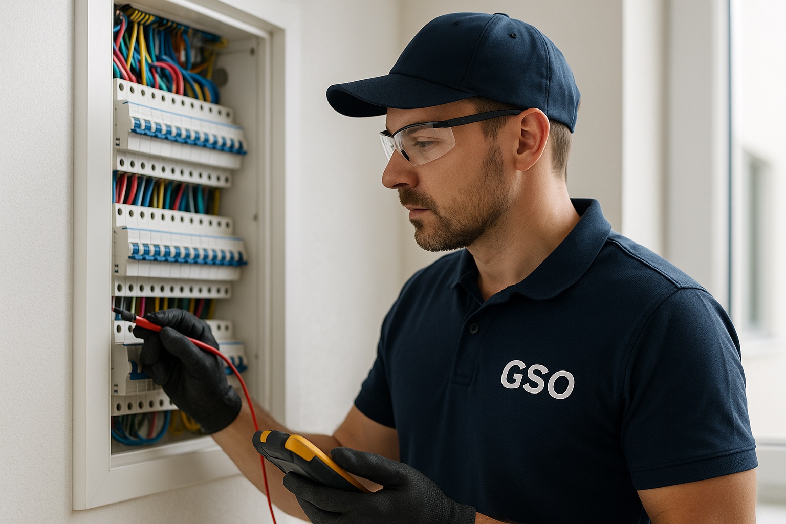 Elektriker prüft einen Sicherungskasten